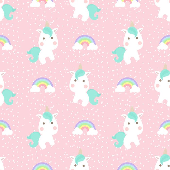 Behang Eenhoorns en regenbogen op een roze achtergrond