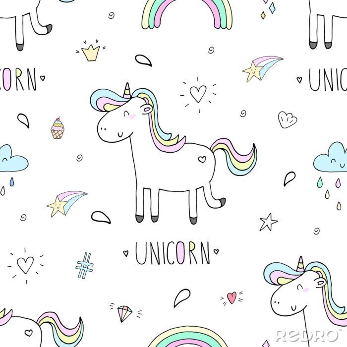 Behang Eenhoorns met regenboogstaarten