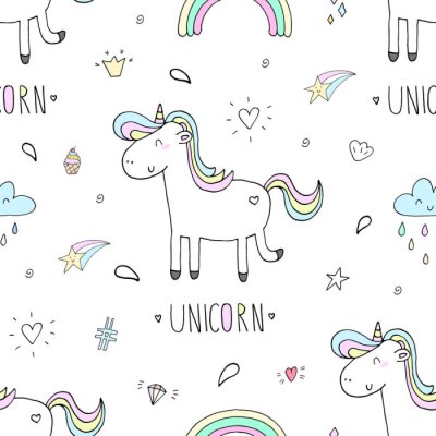 Behang Eenhoorns met regenboogstaarten