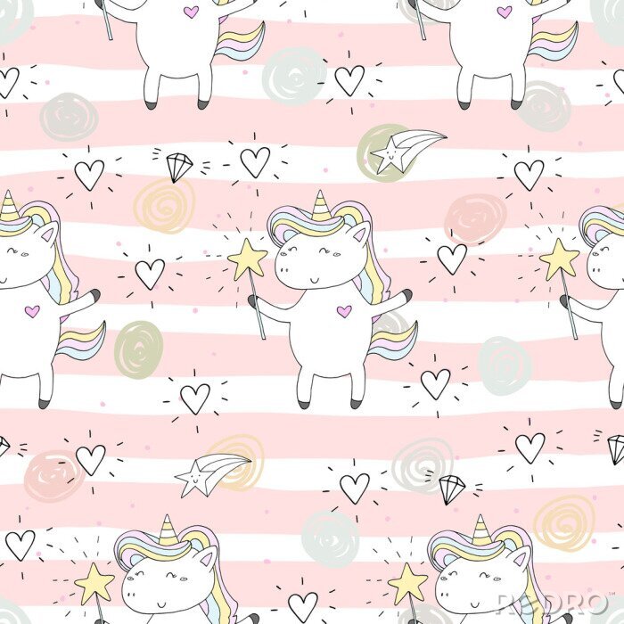 Behang Eenhoorns op een gestreepte achtergrond