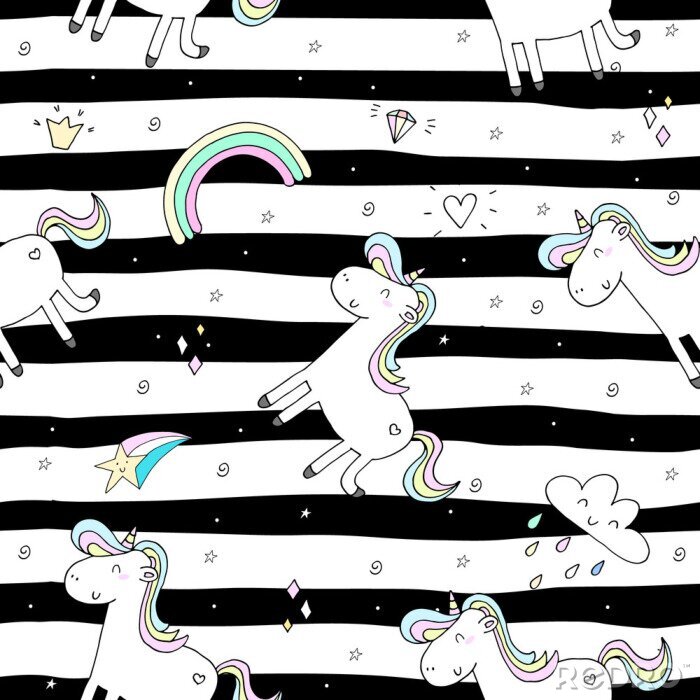 Behang Eenhoorns op een zwart-witte achtergrond