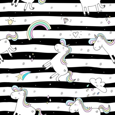 Behang Eenhoorns op een zwart-witte achtergrond