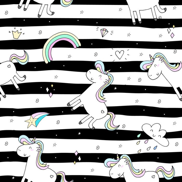 Behang Eenhoorns op een zwart-witte achtergrond