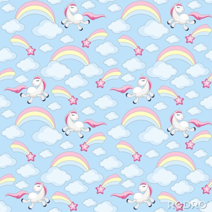 Behang Eenhoorns wolken en regenbogen