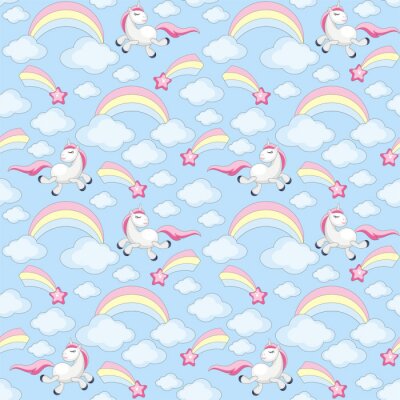 Behang Eenhoorns wolken en regenbogen