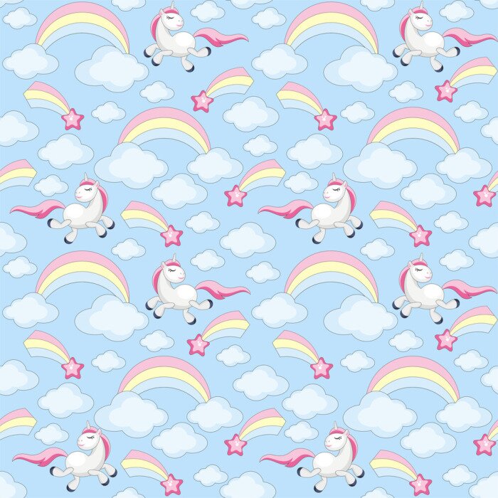 Behang Eenhoorns wolken en regenbogen