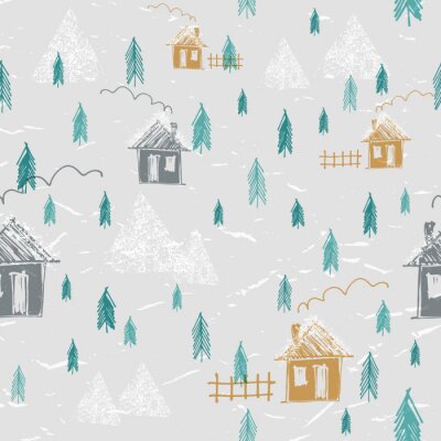 Behang Eenvoudig handgetekend bos in de winter naadloze patroon. Huizen, bergen, dennen en sneeuw. Silhouet patroon. Leuke kinderachtige stijl.