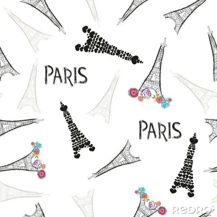 Behang Eiffel tower hand drawn colorful flowers, Paris text pattern