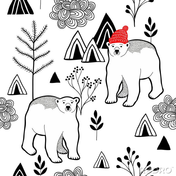 Behang Eindeloos patroon met ijsbeer in rode hitte in de bergen.