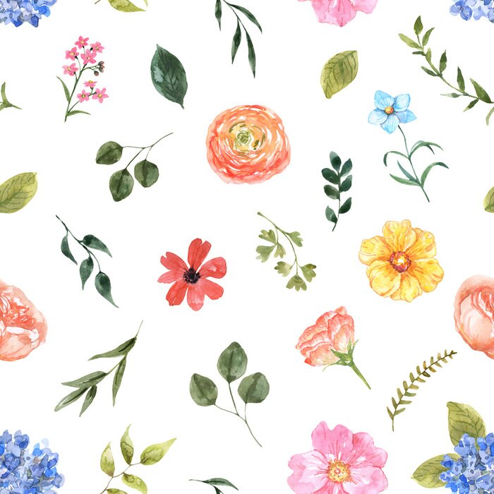 Behang Elementen van bloemen en bladeren op een witte achtergrond