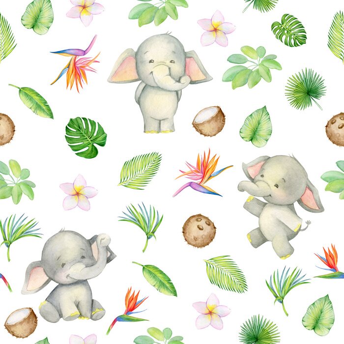 Behang elephant is cute. seamless pattern. isolated. watercolor.