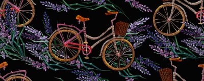 Behang Embroidery lavender flowers and bicycle horizontal seamless pattern. Summer and spring floral art. Lifestyle concept. Fashion template for clothes, t-shirt design