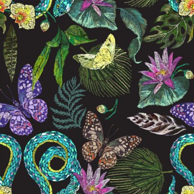 Behang Embroidery with exotic floral pattern with butterflies, snake and tropical flowers. Vector seamless embroidered pattern for fashion design.