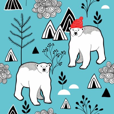 Endless patroon met ijsbeer in rood warmte, bergen en planten.