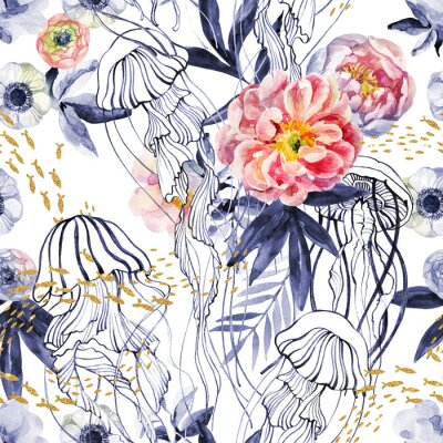 Behang Engelse rozen blauwe bladeren en kwallen