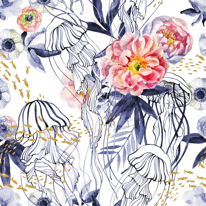 Behang Engelse rozen blauwe bladeren en kwallen