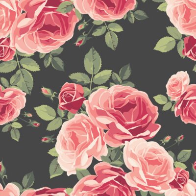 Behang Engelse rozen in grafische roze tinten