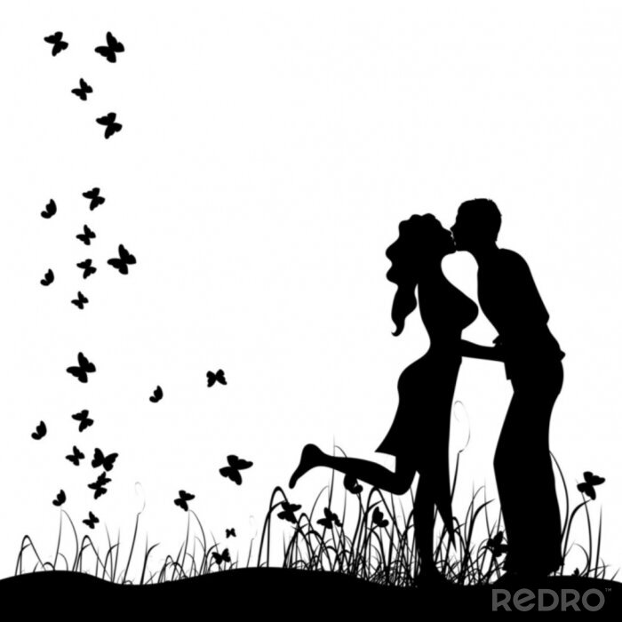 Behang Enkele kisses op een meadow, zwarte silhouet