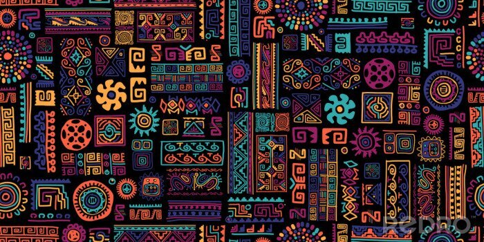 Behang Etnisch oosters kleurrijk patroon op een donkere achtergrond