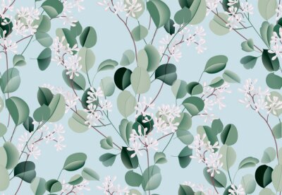 Behang Eucalyptus watercolor leaf seamless pattern, evergreen plant, botanical illustration, dollar silver flower. Blue green wedding texture. Tropical bouquet. Boho design