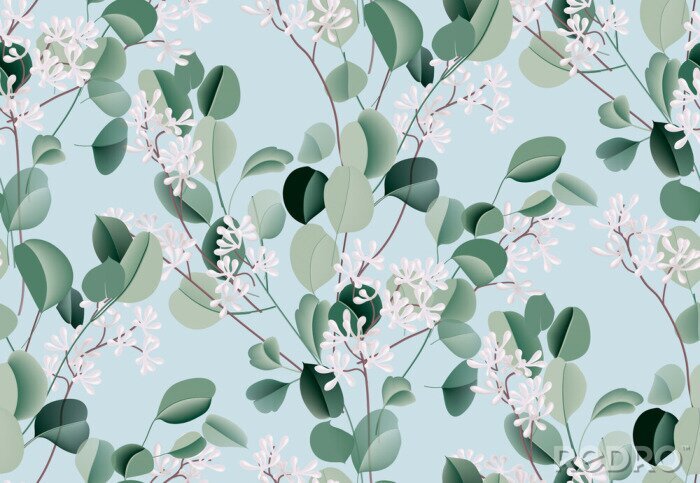Behang Eucalyptus watercolor leaf seamless pattern, evergreen plant, botanical illustration, dollar silver flower. Blue green wedding texture. Tropical bouquet. Boho design