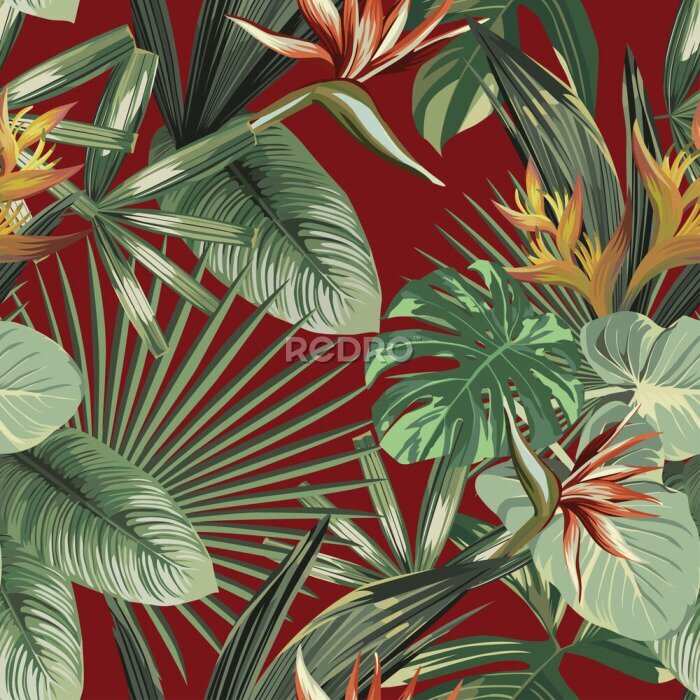 Behang Exotic flowers tropical green leaves seamless red background