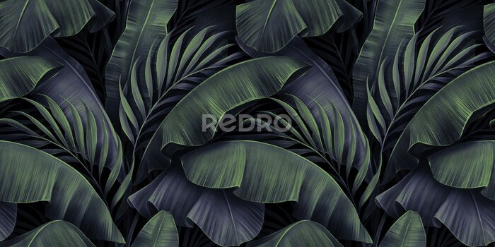 Behang Exotisch tropisch patroon met bananen- en palmbladeren