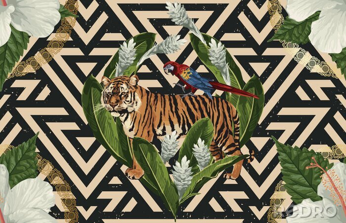 Behang Exotische afbeeldingen met tijger en papegaai