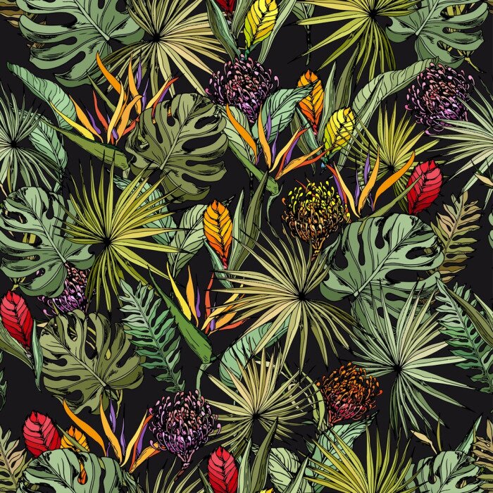 Behang Exotische bladeren en bloemen op een donkere achtergrond