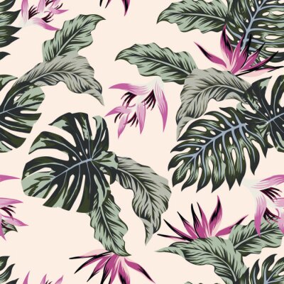 Behang Exotische bladeren met roze bloeiwijze