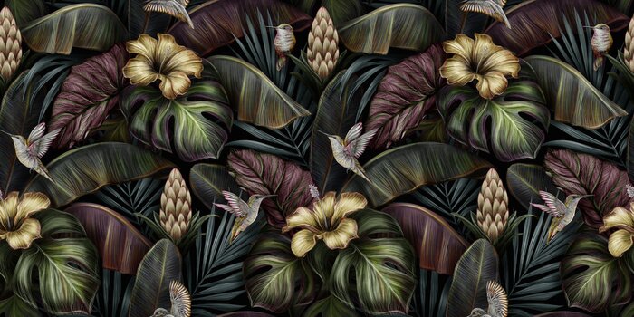 Behang Exotische bloemen en bladeren