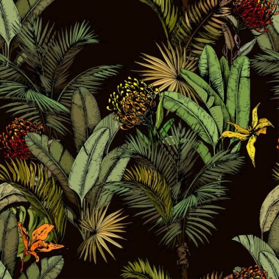 Behang Exotische bloemen onder tropische bladeren op zwarte achtergrond