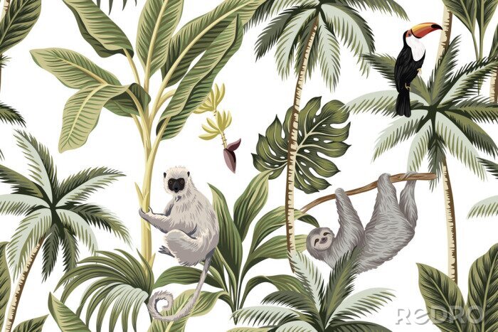 Behang Exotische dieren die op palmbomen zitten