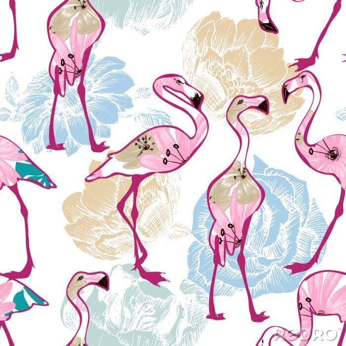 Behang Exotische flamingo's en bloemen