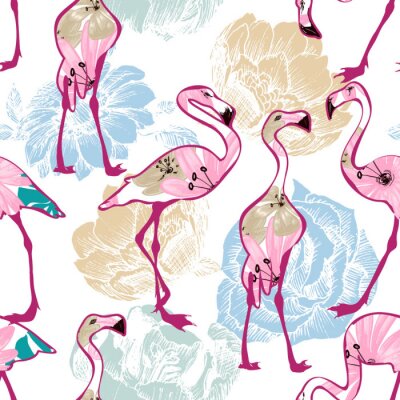Behang Exotische flamingo's en bloemen