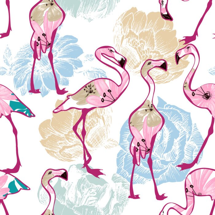 Behang Exotische flamingo's en bloemen