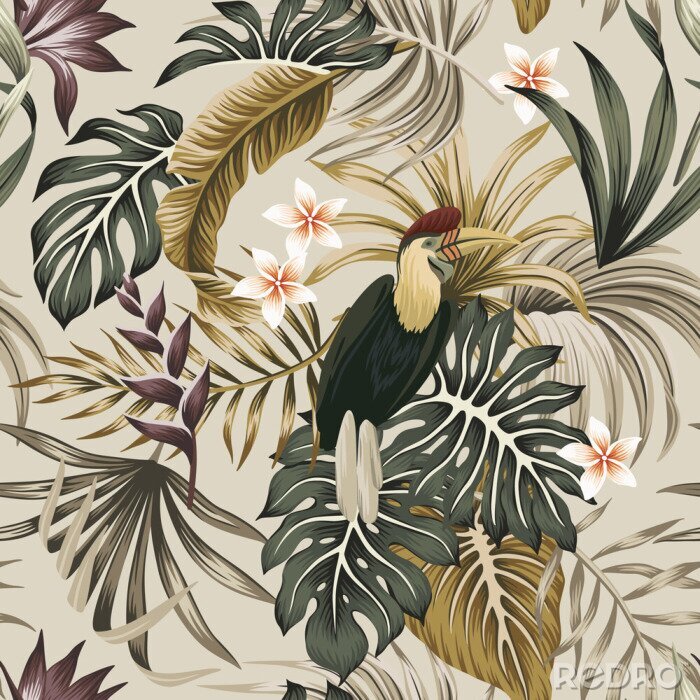 Behang Exotische vogel tussen tropische bladeren in vintage stijl