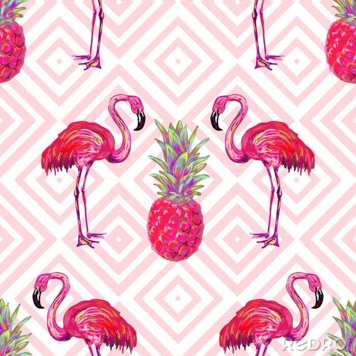 Behang Exotische vogels thema flamingo's en ananas