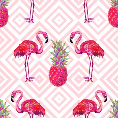 Behang Exotische vogels thema flamingo's en ananas