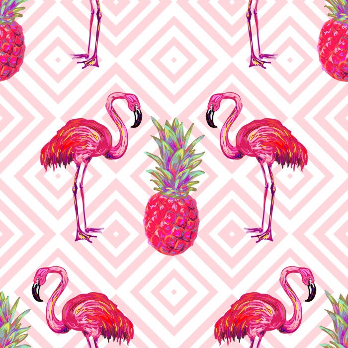 Behang Exotische vogels thema flamingo's en ananas