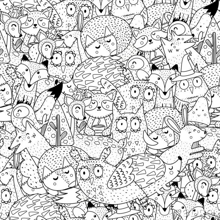 Behang Fantasy forest animals black and white seamless pattern. Great for  coloring page, prints