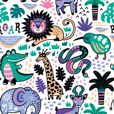 Behang Fashion safari naadloos patroon met jungle dieren in vector
