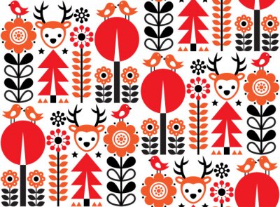 Fins geïnspireerd naadloos vector volkskunstpatroon - Skandinavische, Noordse stijl met bloemen en dieren