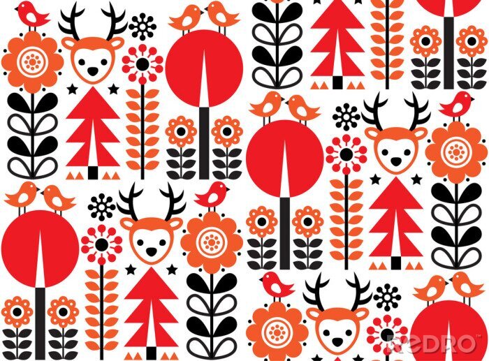 Behang Fins geïnspireerd naadloos vector volkskunstpatroon - Skandinavische, Noordse stijl met bloemen en dieren