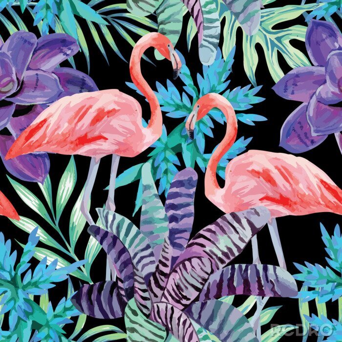 Behang flamingo aquarel en exotische planten patroon