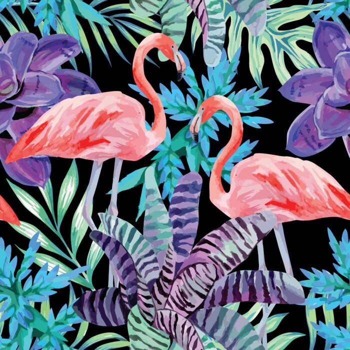 Behang flamingo aquarel en exotische planten patroon