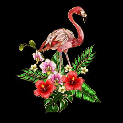 Flamingo borduurpatronen met tropische bloemen en bladeren.