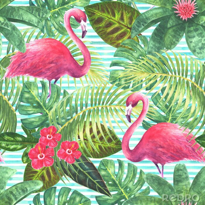 Behang Flamingo's bladeren en bloemen op een gestreepte achtergrond