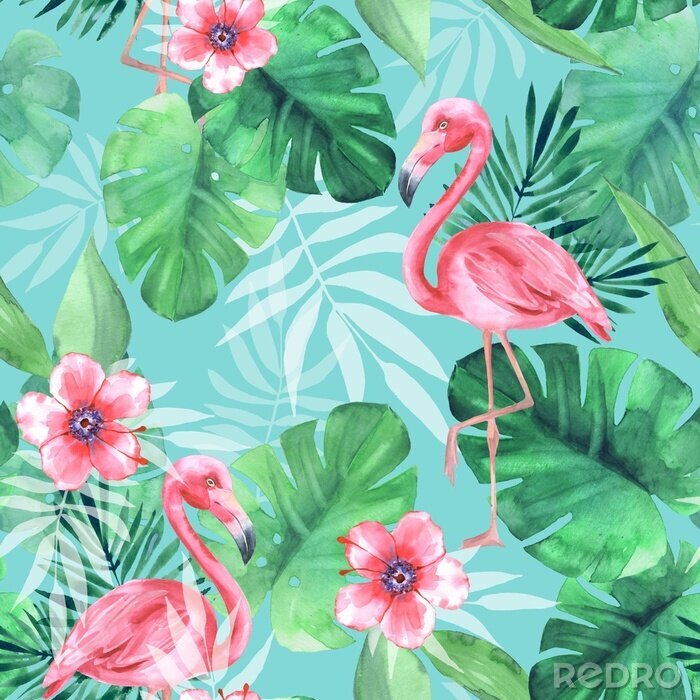 Behang Flamingo's bloemen en bladeren
