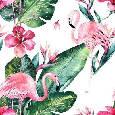 Behang Flamingo's bloemen en monstera bladeren op motief met witte achtergrond
